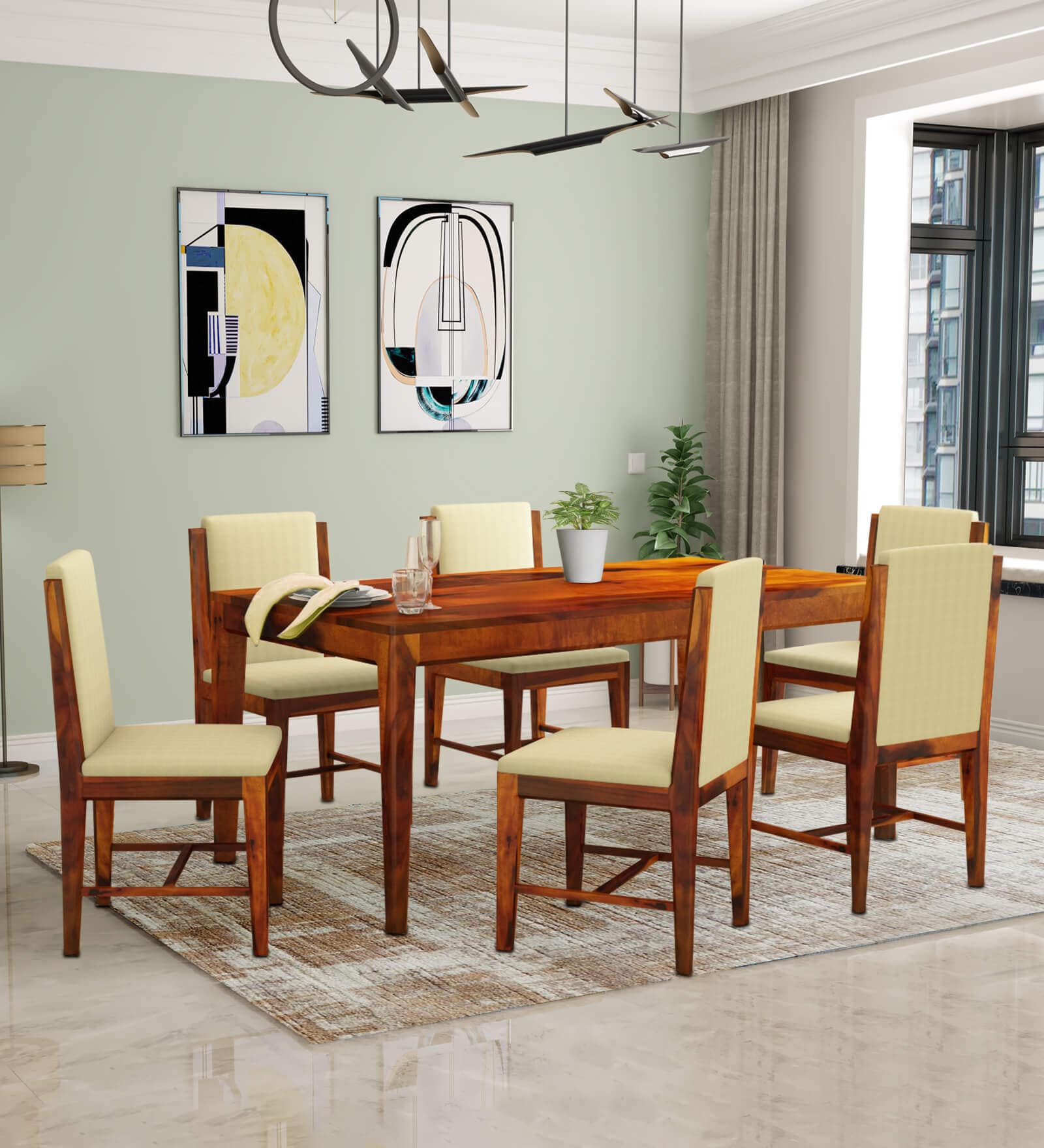 Jeck Solid Wood 6 Seater Dining Set In Honey Finish