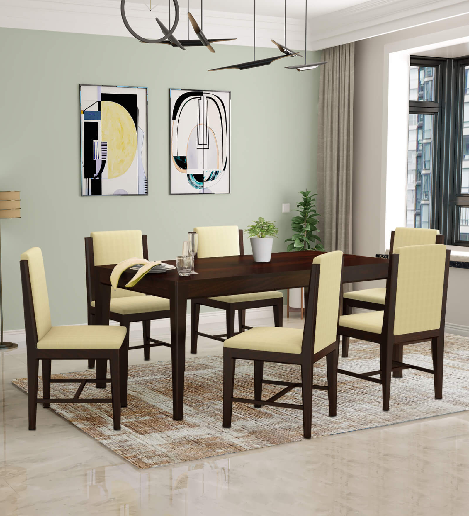 Jeck Solid Wood 6 Seater Dining Set In Walnut Finish