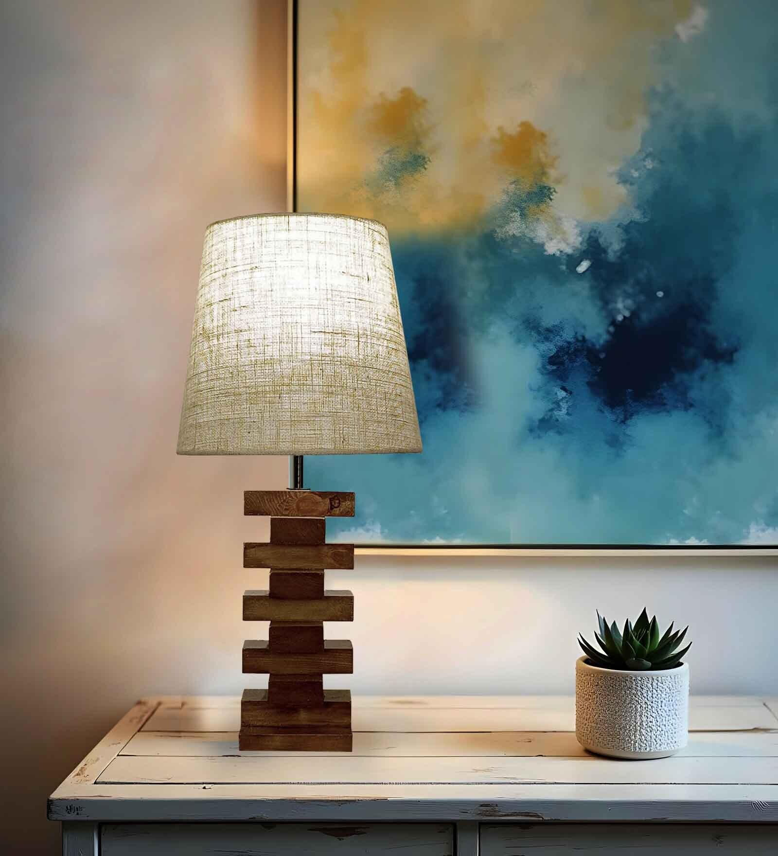 Jenga Wooden Table Lamp with Jute Shade & Brown Base