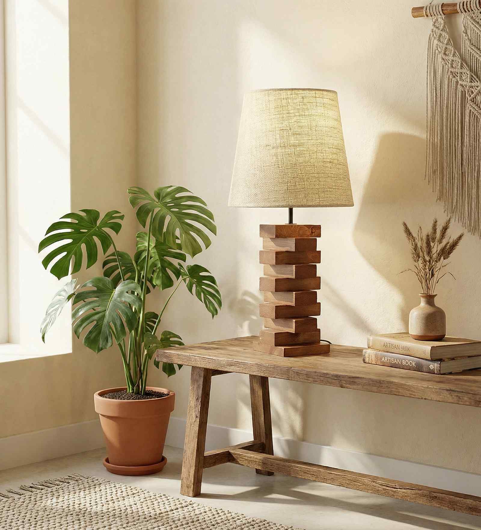 Jenga Wooden Table Lamp with Jute Shade & Brown Base