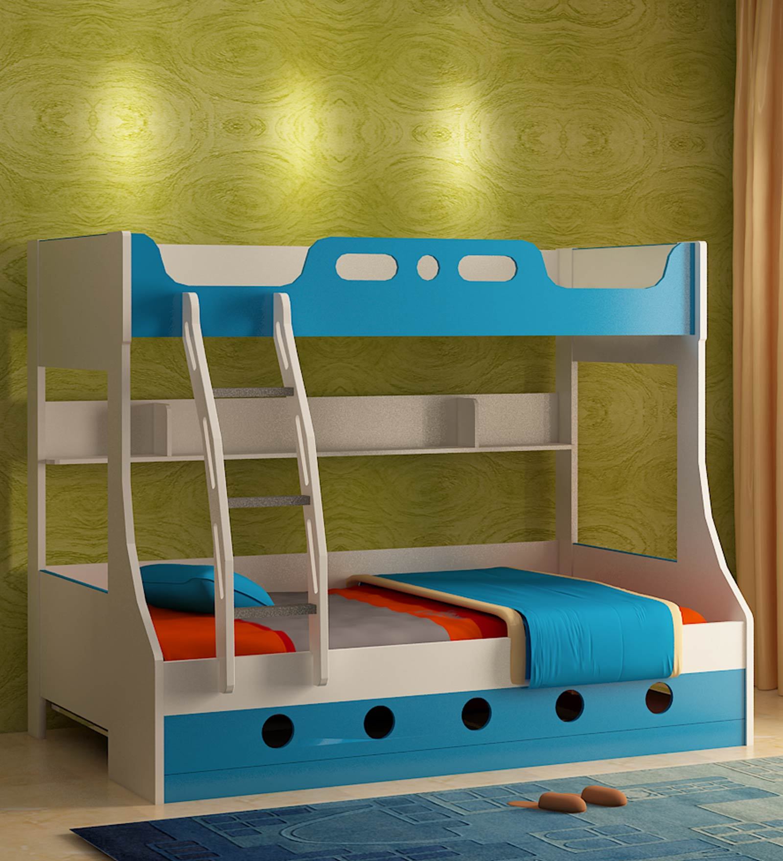 Buy Jerry Kids Bunk Bed (with Trundle) in Blue & White Colour by
