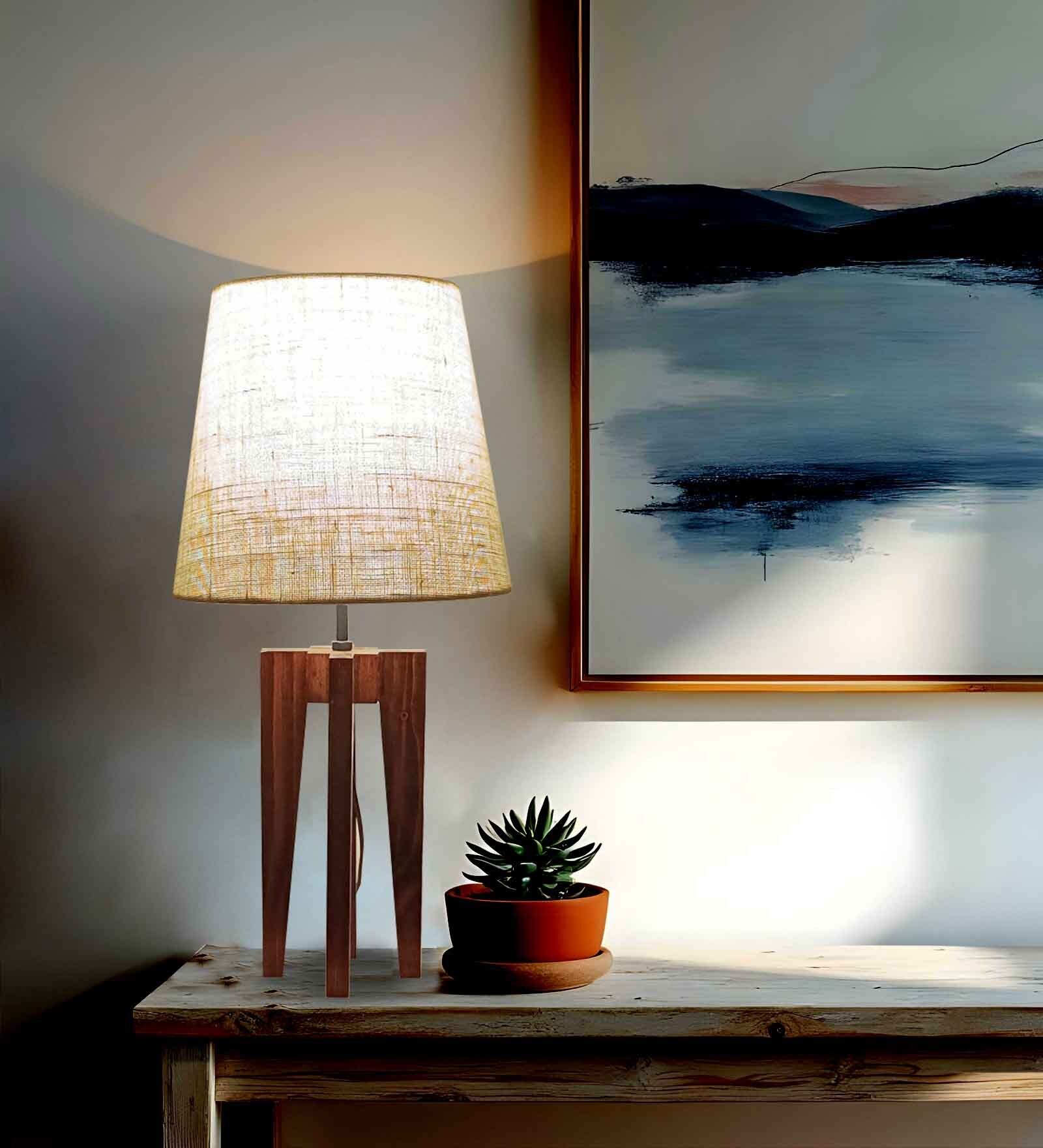 Jet Wooden Table Lamp with Jute Shade & Brown Base