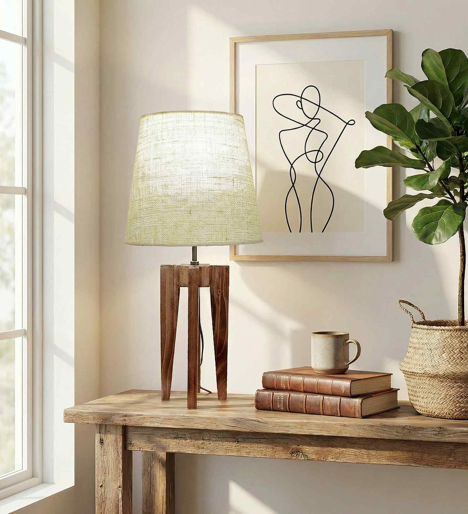 Jet Wooden Table Lamp with Jute Shade & Brown Base
