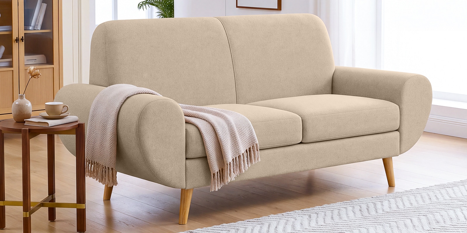 Jessy Velvet Fabric 2 Seater Sofa In Beige Colour