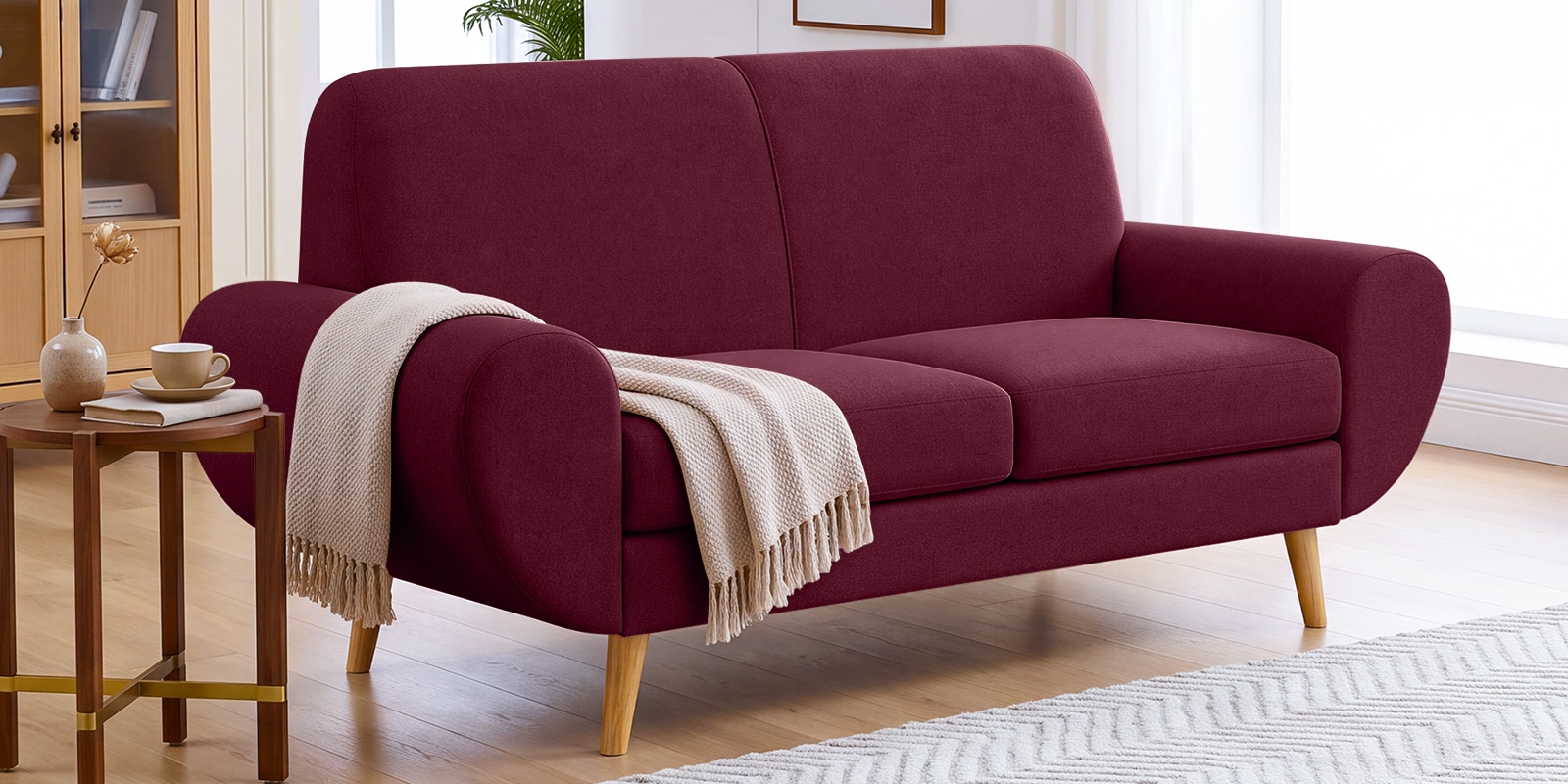 Jessy Velvet Fabric 2 Seater Sofa In Maroon Colour