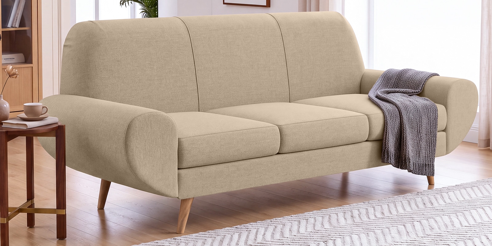 Jessy Velvet Fabric 3 Seater Sofa In Beige Colour