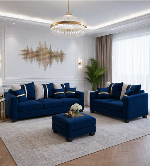 Jester 3+2 Velvet Suede Fabric Seater Sofa Set In Blue Colour