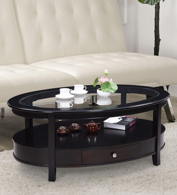 Buy Grace Oak Wood Coffee Table With Tempered Glass Top By Royaloak Online Oval Coffee Tables Tables Furniture Pepperfry Product