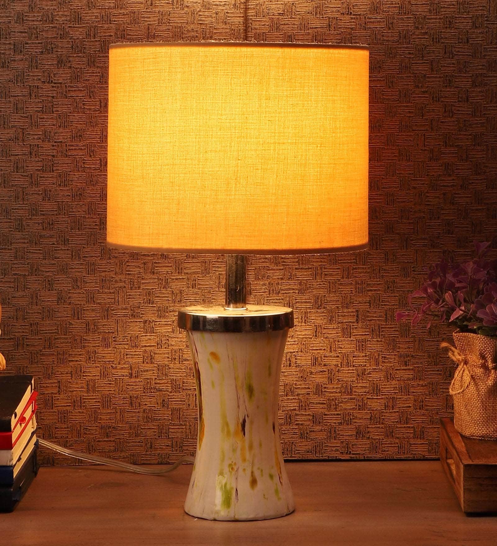Jieun Beige Fabric Shade Table Lamp with Natural Base