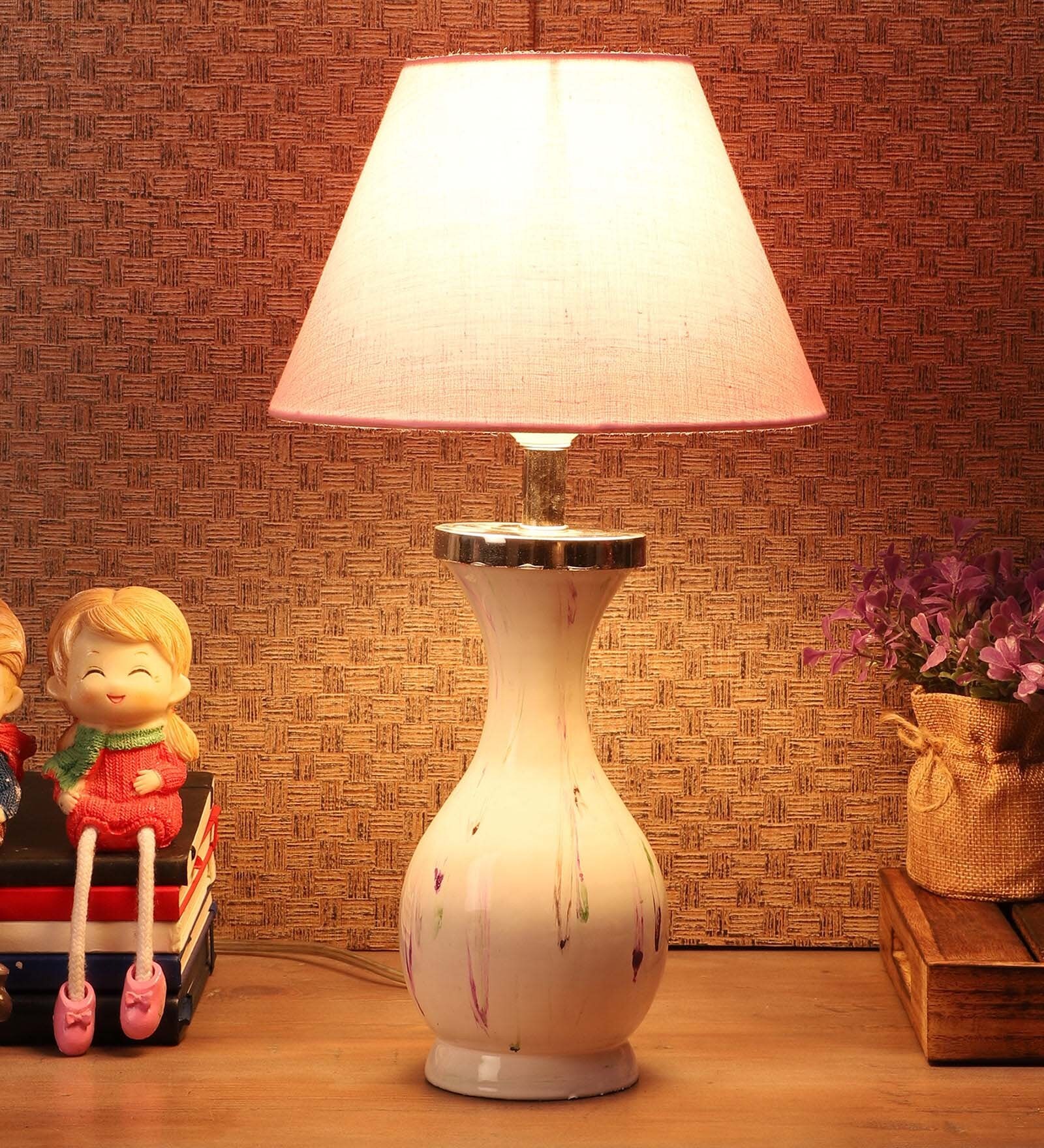 Jieun Pink Fabric Shade Table Lamp with Natural Base -