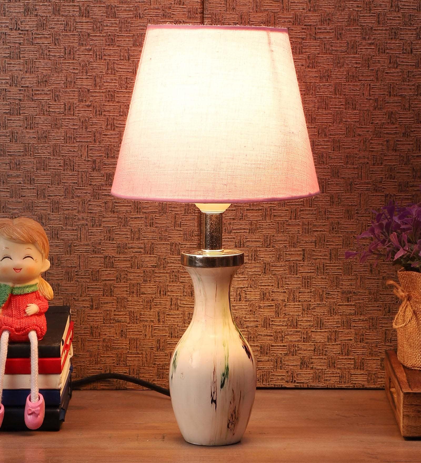 Jieun Pink Fabric Shade Table Lamp With Natural Base