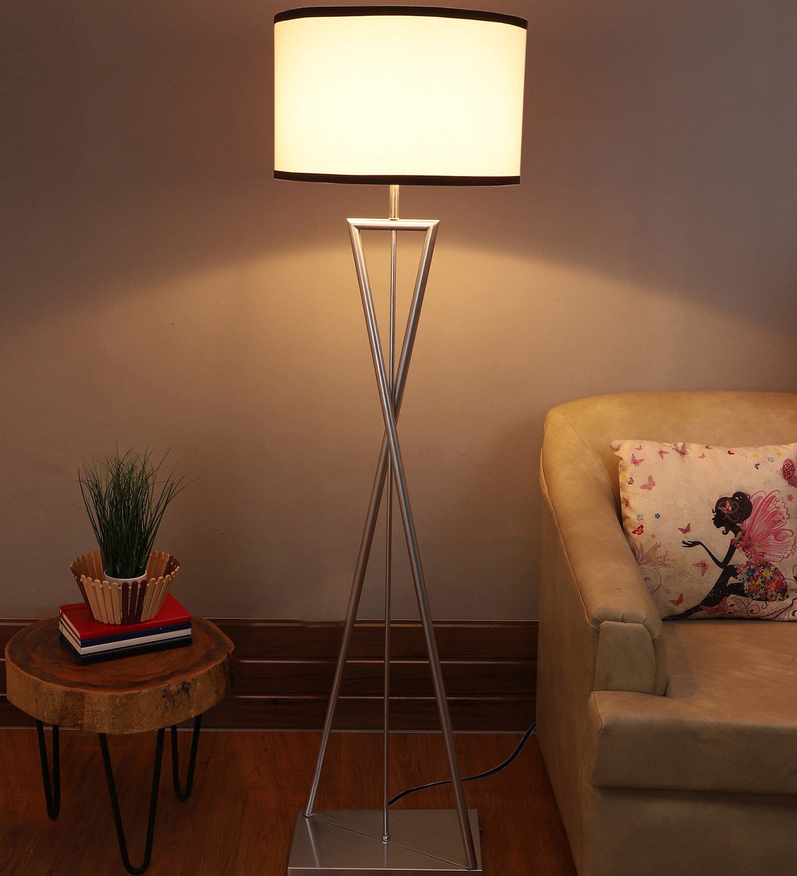 Jieun White Fabric Shade Tripod Floor Lamp With Iron Base