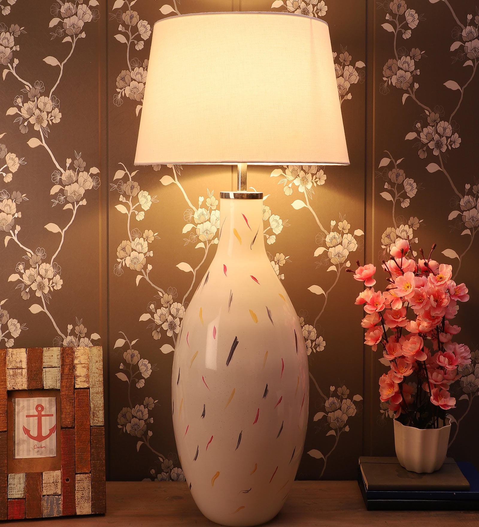 Forli White Fabric Shade Night Lamp With Glass Base