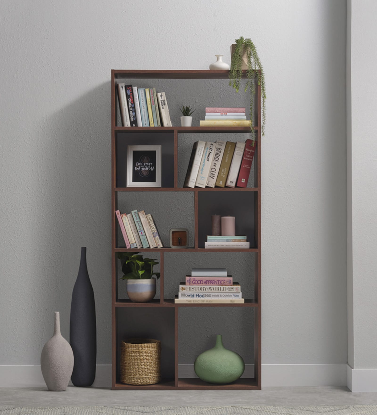 Jigsaw Book Shelf In Dark Walnut & Slate Grey Finish with 5 Tier