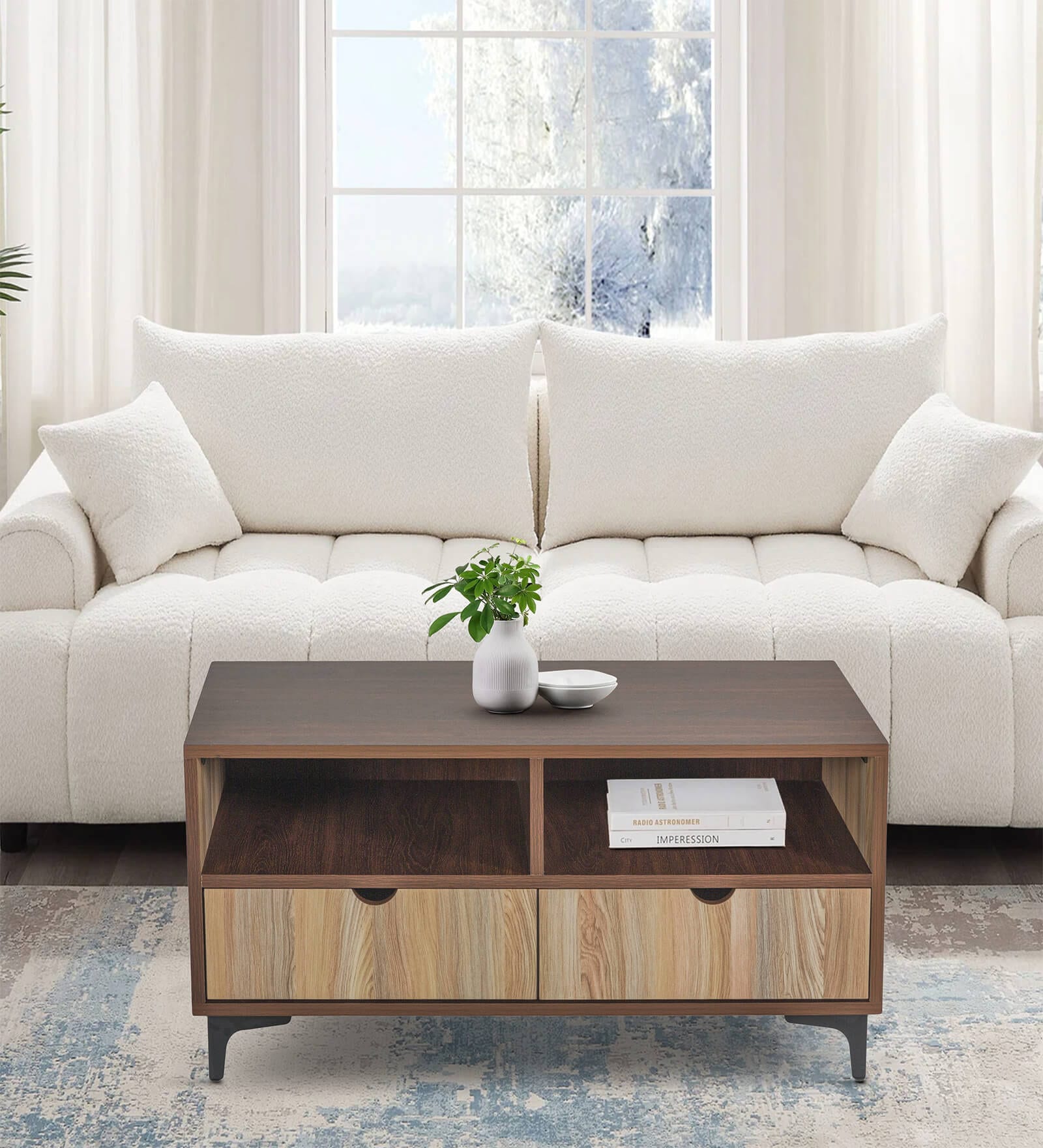 Jilly Coffee Table In Brown Teak Finish & Drawers