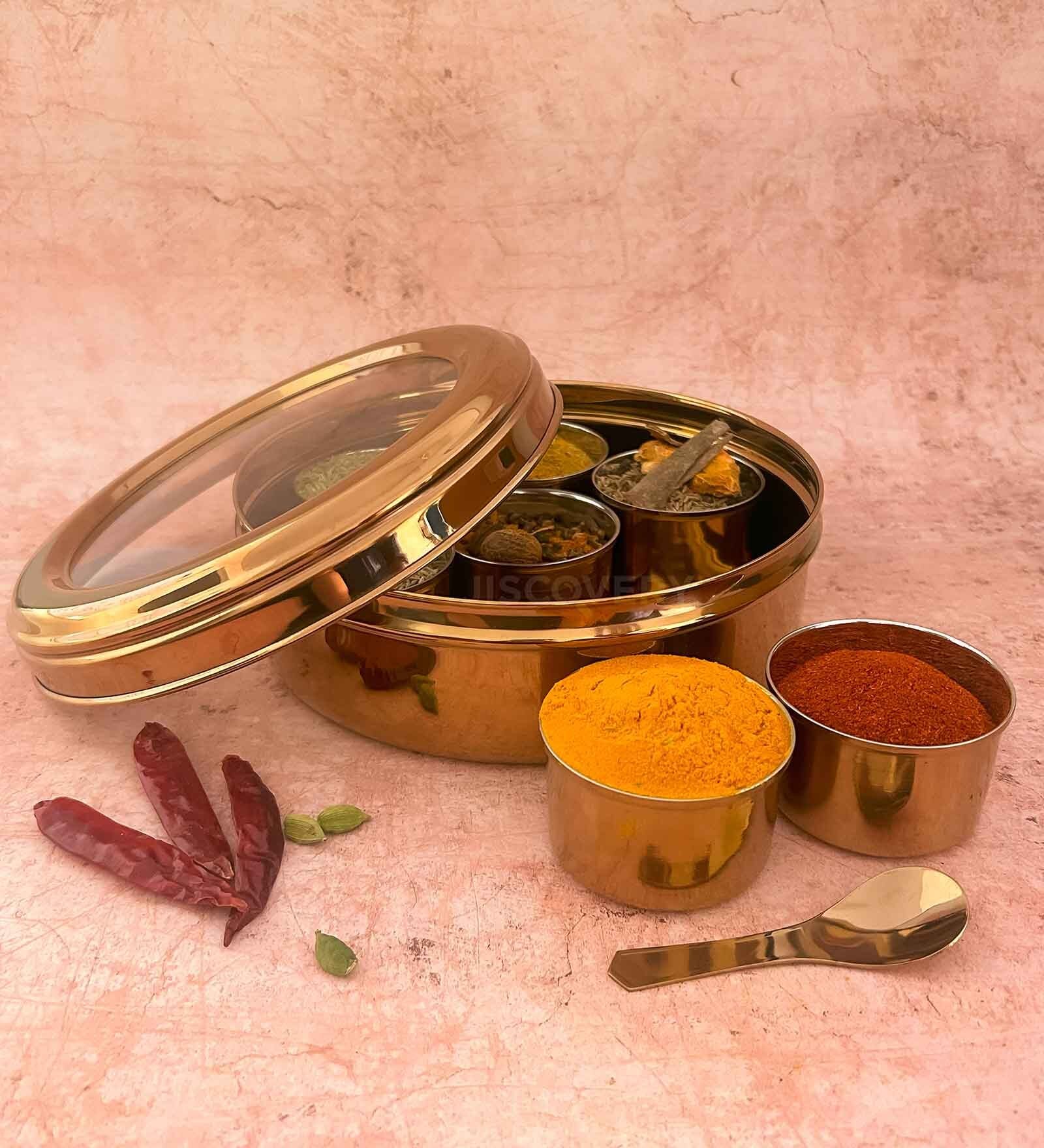 JISCOVERY Stainless Steel Airtight 7 Compartments Masala Box With Transparent Lid Rose gold