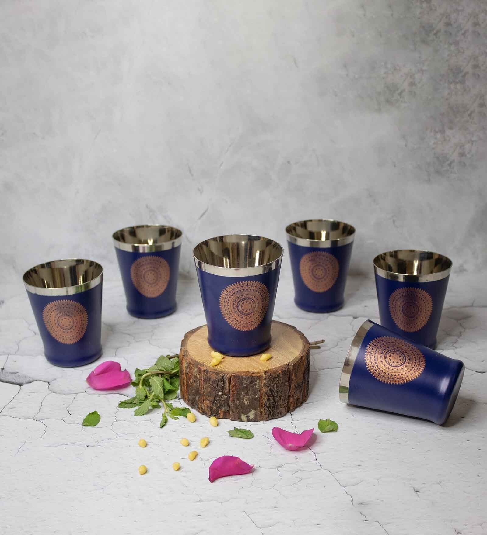 Blue Stainless Steel Bucket 300 ml Printed (Set of 6) Everyday Glasses