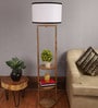 Flap White Fabric Shade Shelf Floor Lamp With Wood Base