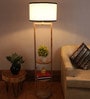 Flap White Fabric Shade Shelf Floor Lamp With Wood Base