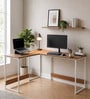 Jiro L Shape Study Table In Walnut Maple & White Finish Jiro L Shape Study Table In Walnut Maple & White Finish