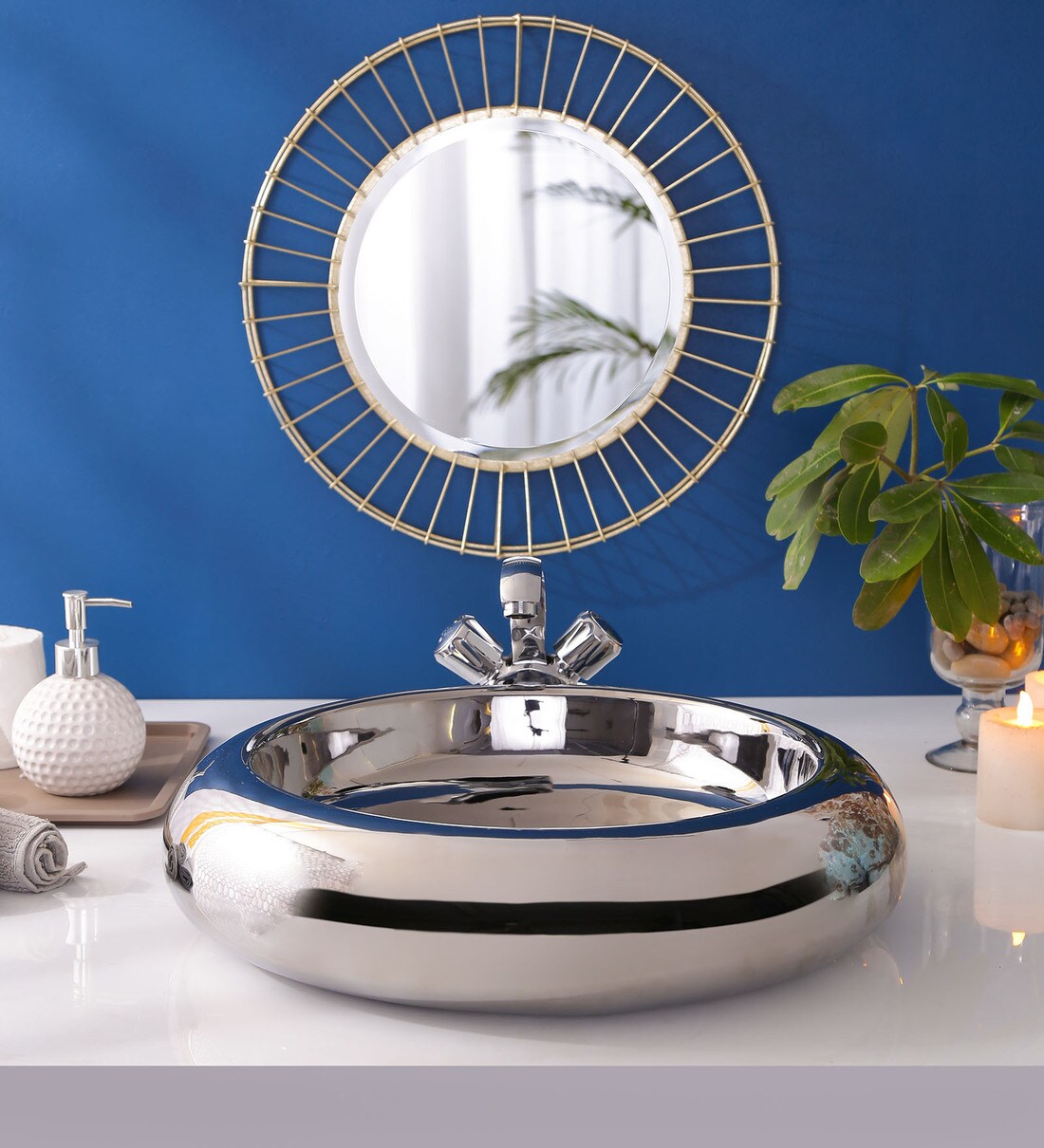 Buy Round Shape Silver Counter Top Wash Basin (H 4.4, W 18.4, D 18.4 Inches) by JJ