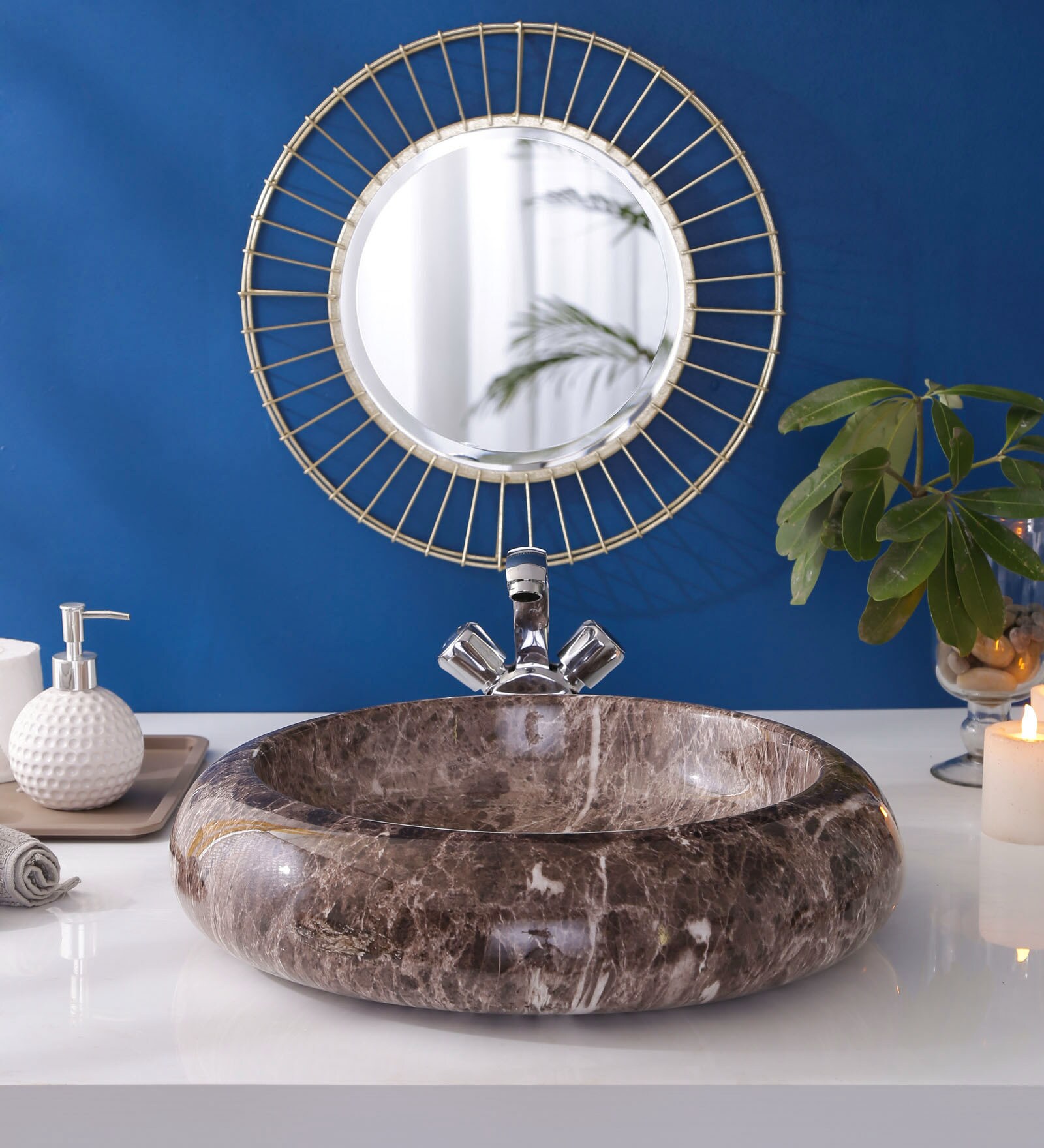 Round Shape Brown Counter Top Wash Basin (H: 4.4, W: 18.4, D: 18.4 Inches)