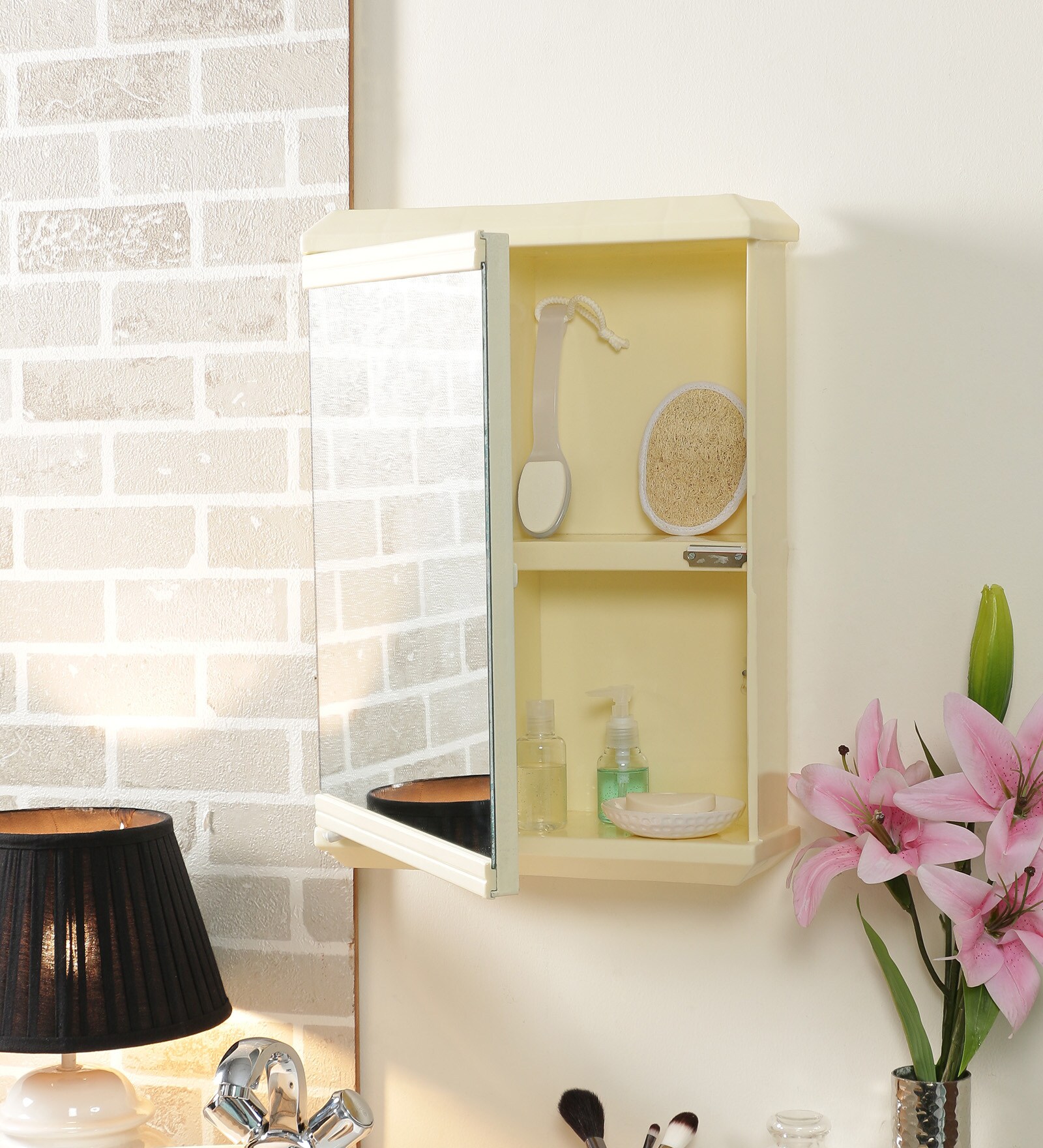 Plastic Ivory 4 Compartment Bathroom Cabinet With Mirror (L: 14.5, W: 5, H: 20.7 Inches)