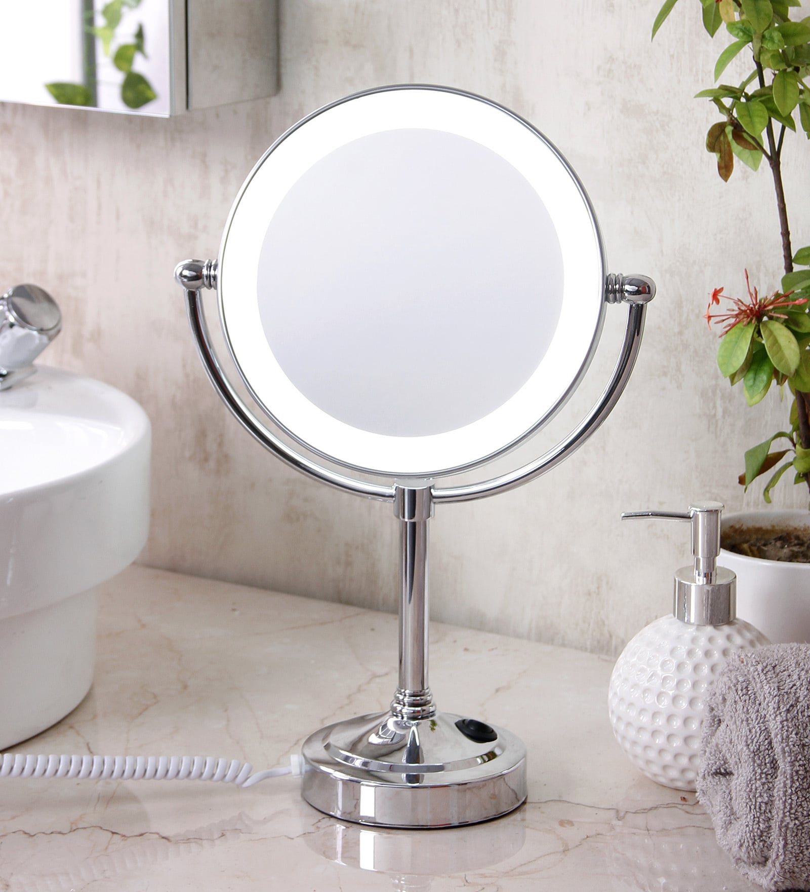 Brass Standing Shaving Bathroom Mirror in Silver (L: 11, W: 6, H: 16.8 Inches)