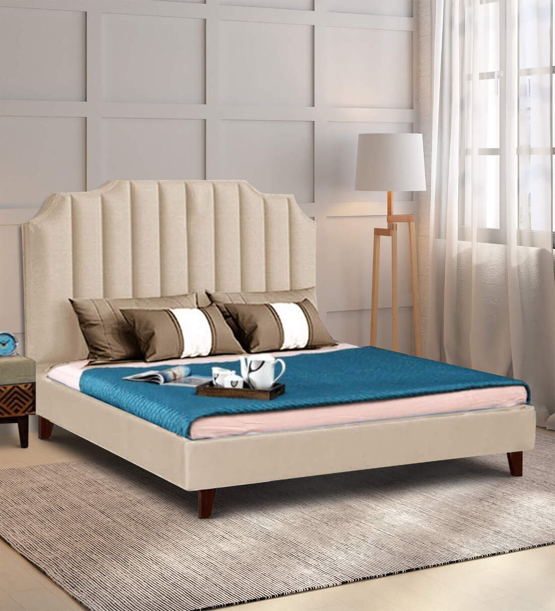 Buy Joanna Upholstered Queen Size Bed In Cream Colour at 5 OFF by