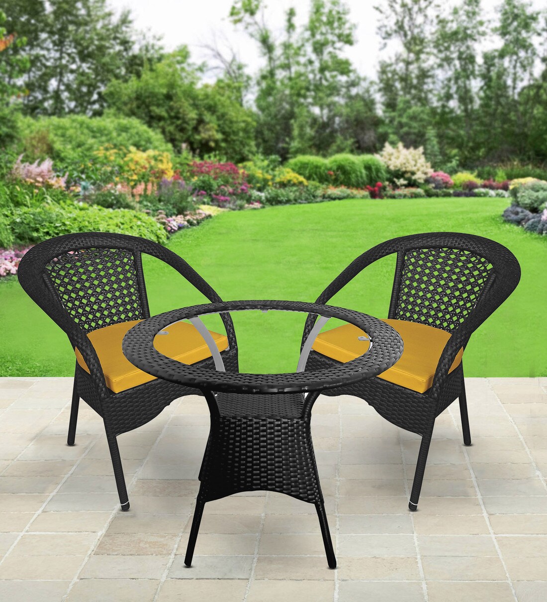 Buy Joyous Wicker Table and Chair Set with 2 chairs in Corduroy Black