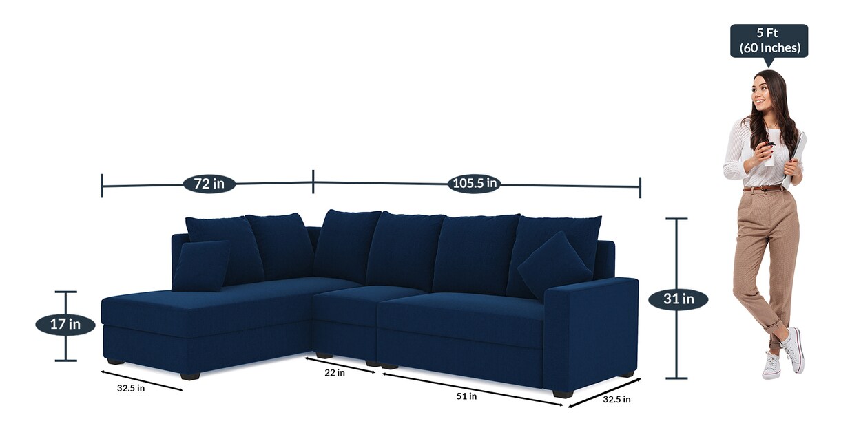 Buy Jordan Fabric RHS Sectional Sofa(3+ Lounger)in Blue Colour by