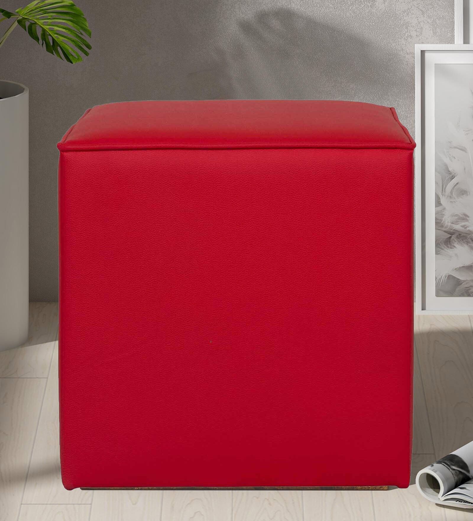 Joan Leatherette Pouffe in Red Colour