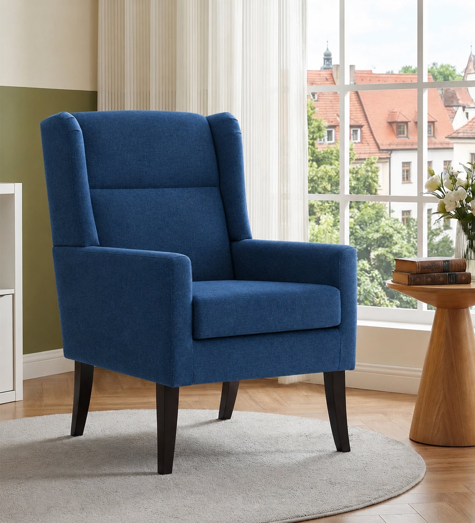 Joan Walnut Finish Boucle Chair In Blue Colour