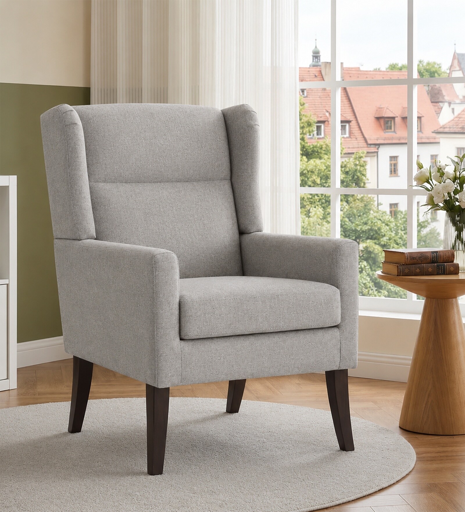 Joan Walnut Finish Boucle Chair In White Colour