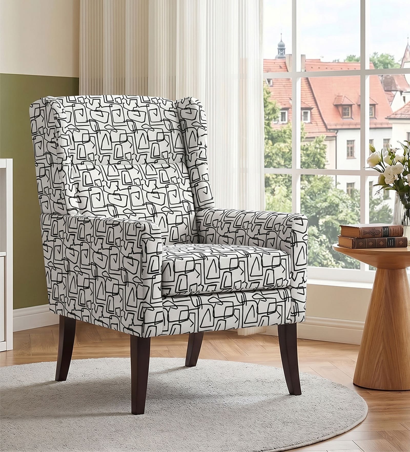 Joan Walnut Finish Printed Canvas Geometry Arm Chair In White Colour Joan Walnut Finish Printed Canvas Geometry Arm Chair In White Colour
