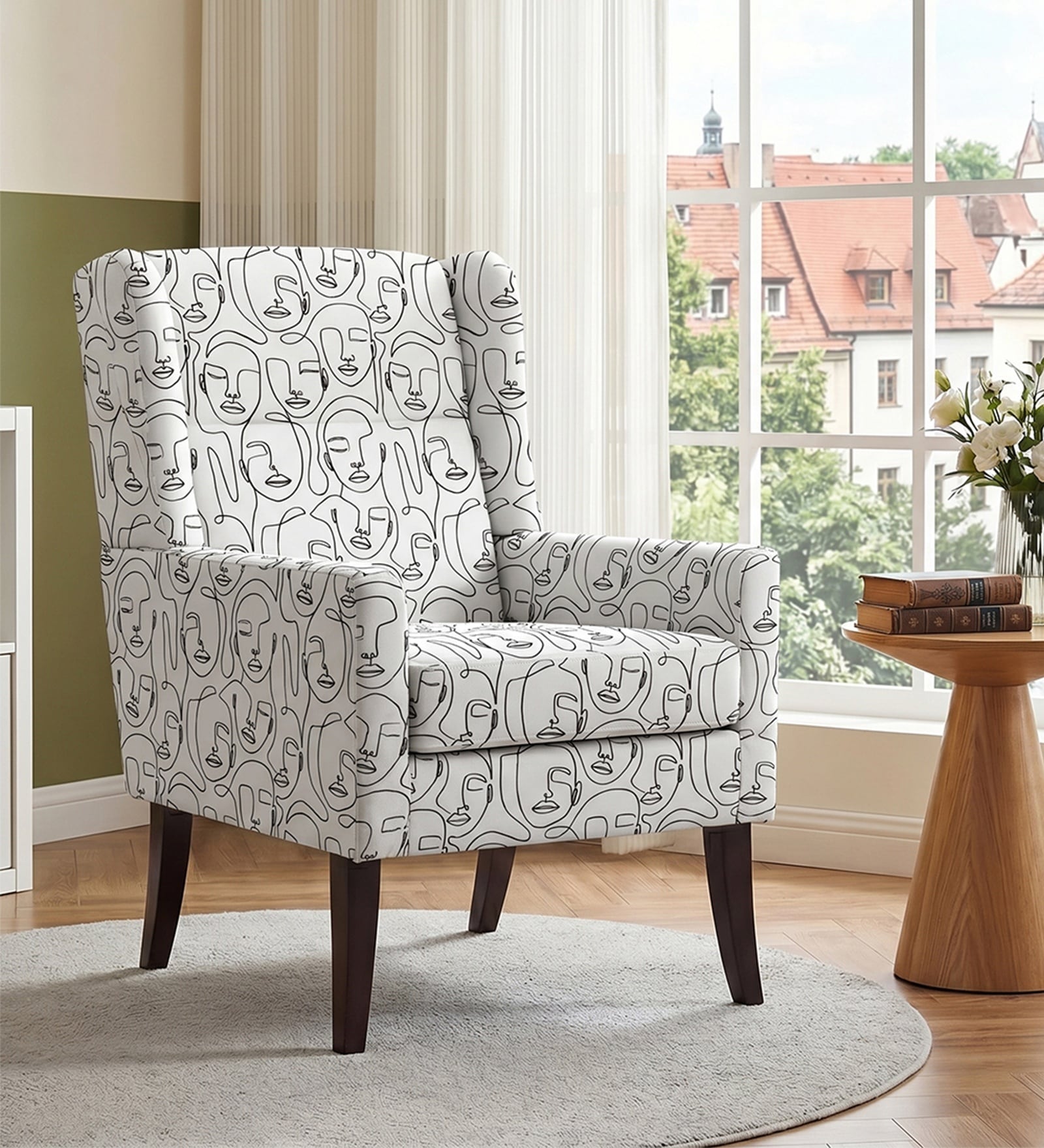 Joan Walnut Finish Printed Human Canvas Arm Chair In White Colour