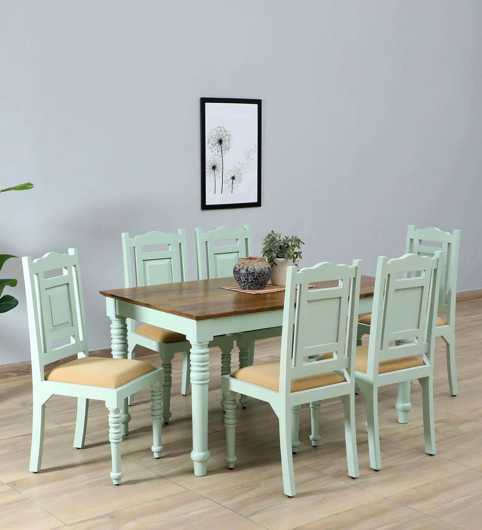 Joaquin Mango Wood 6 Seater Dining Set In Canary Green Finish