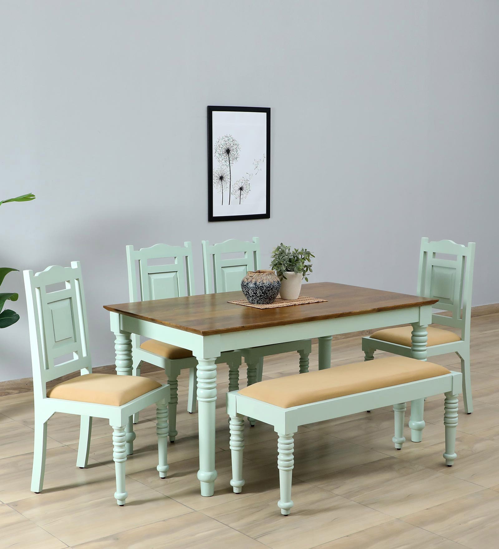 Joaquin Mango Wood 6 Seater Dining Set In Canary Green Finish With Bench