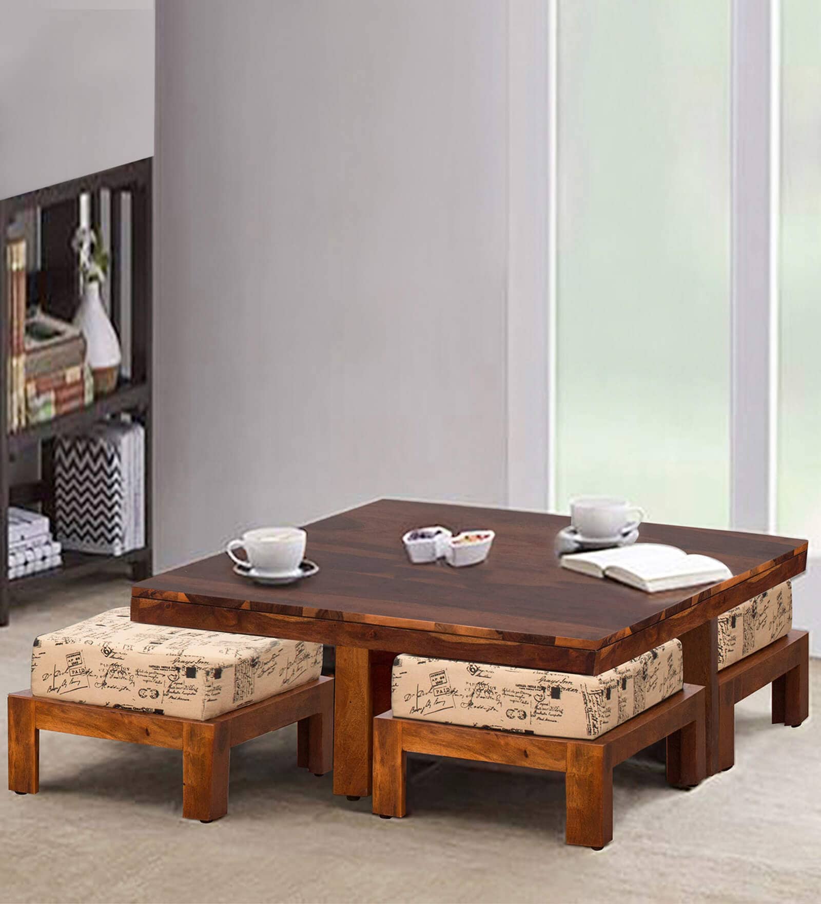 Buy Jodhpur Coffee Table With Stools In Honey Finish By Peachtree