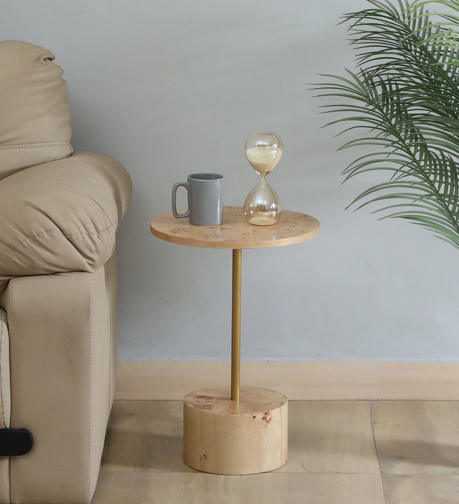 Jolanta Oak Burl Veneer & Metal Small Round End Table in Natural finish