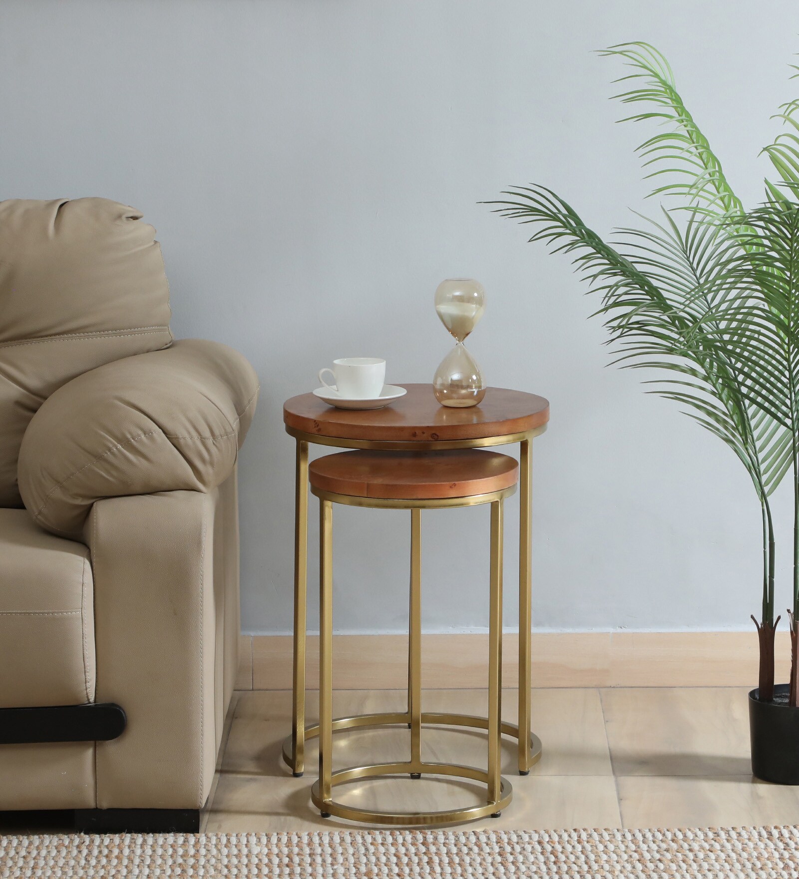 Jolanta Oak Burl Veneer And Metal Nest Of Tables in Gold Finish