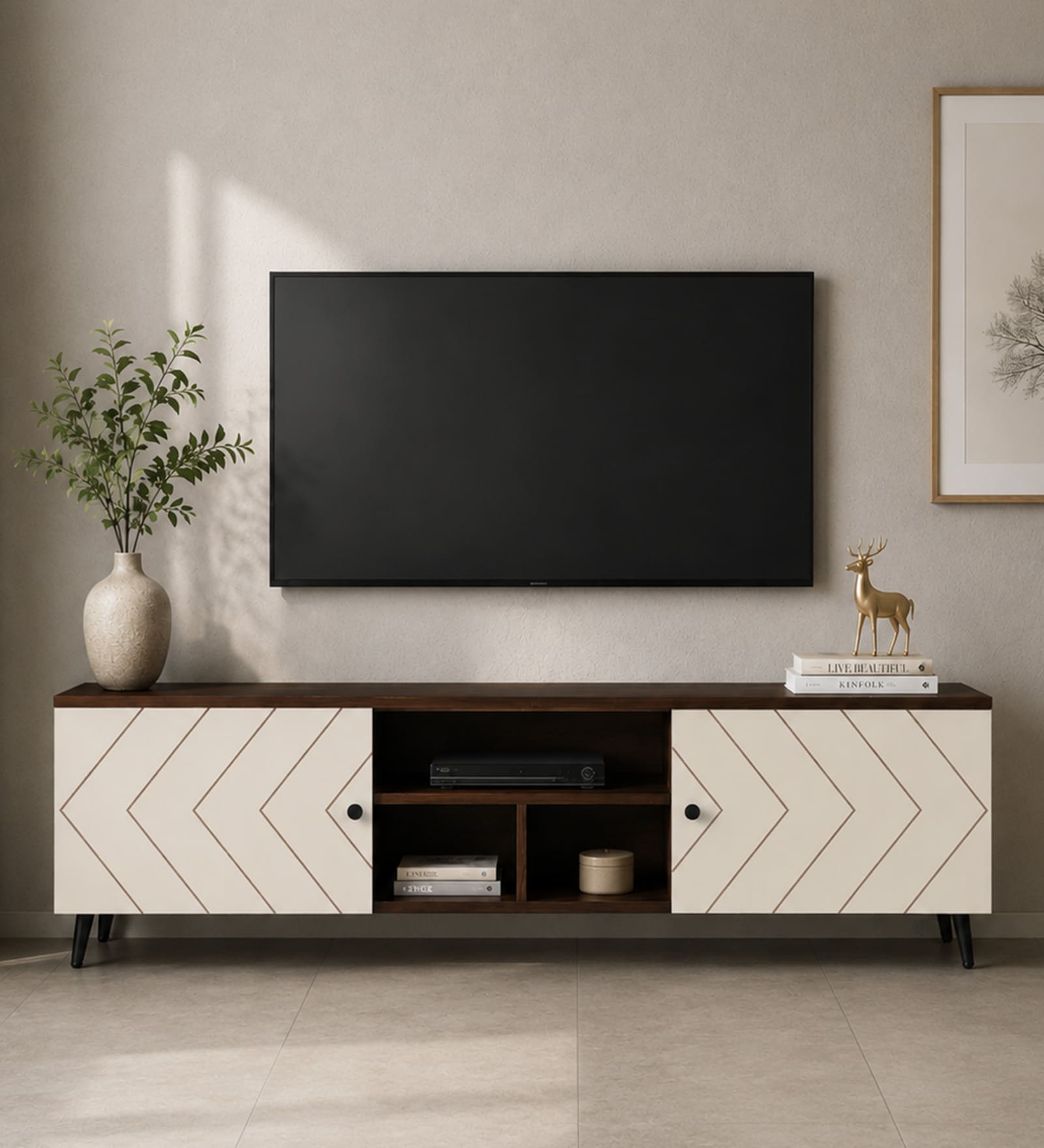 Jona Tv Console In White And Dark Walnut Colour