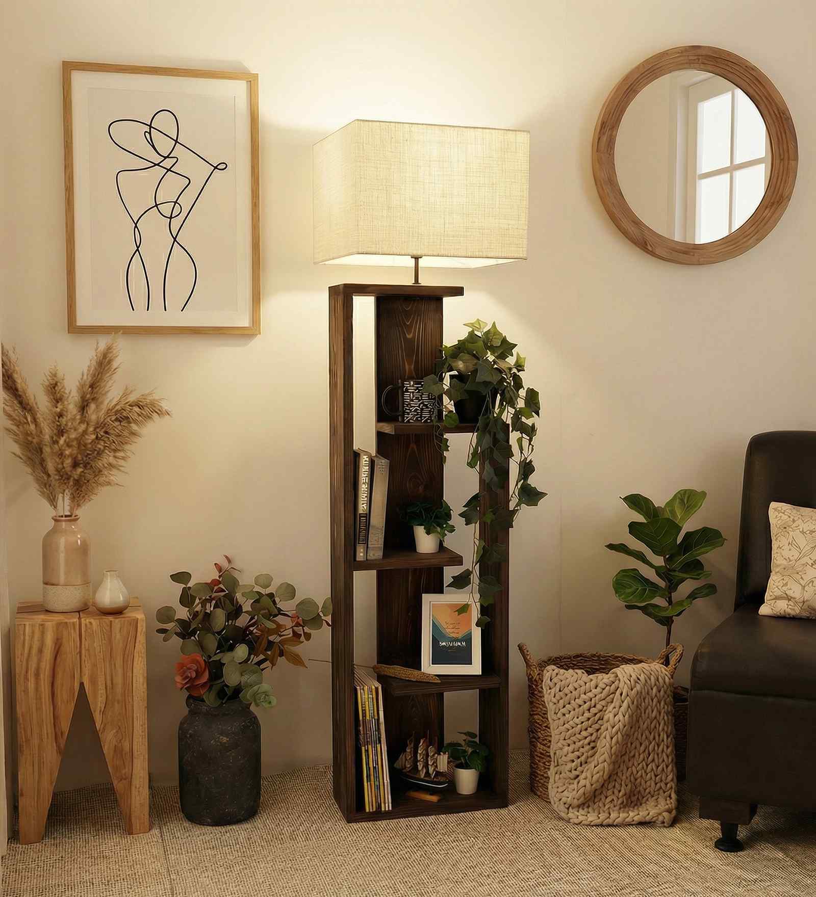 Jordan Wooden Floor Lamp with Brown Base and Jute Fabric Lampshade