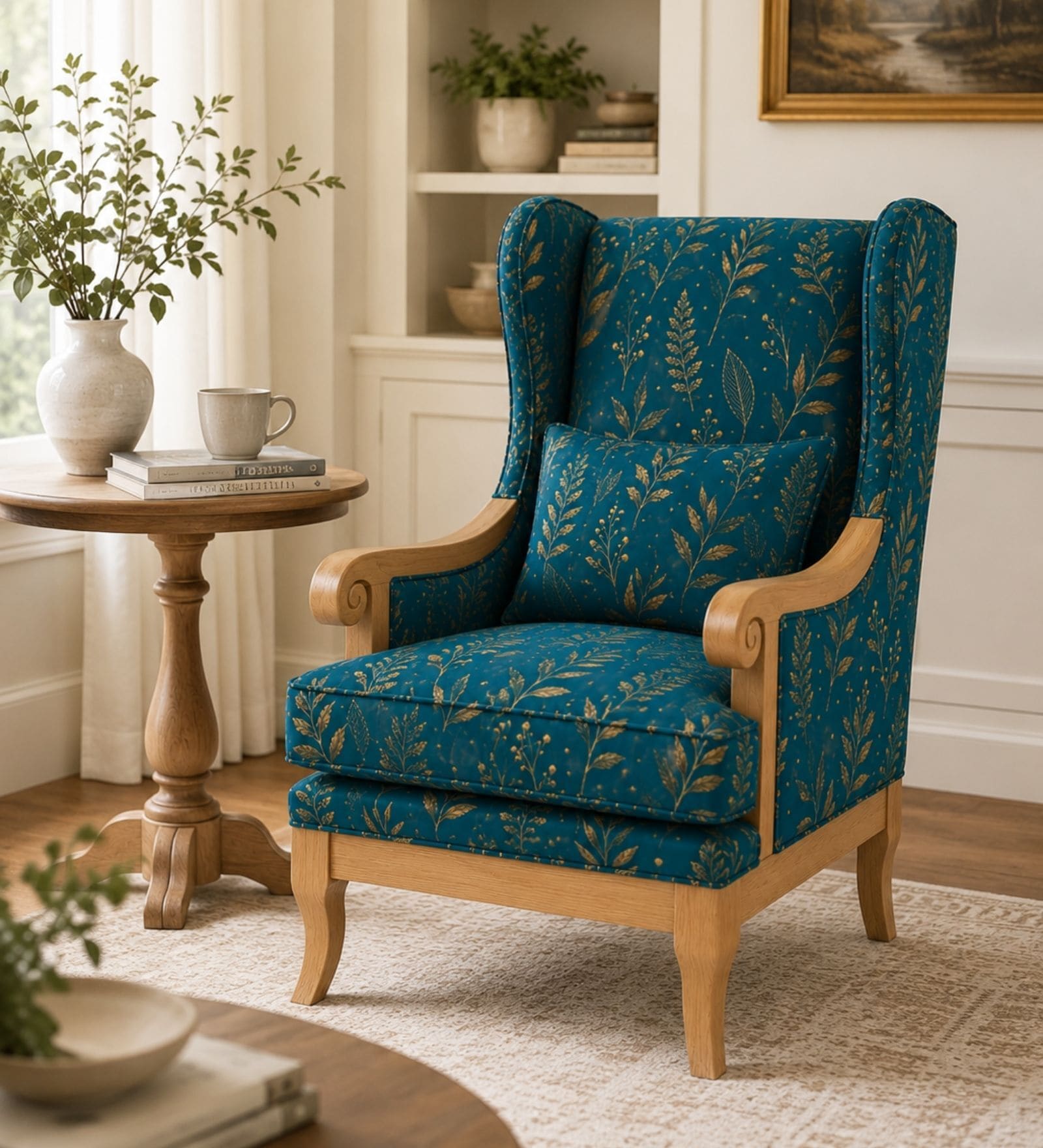 Joren Teak Wood Wing Chair With Suede Fabric In Teal Blue Joren Teak Wood Wing Chair With Suede Fabric In Teal Blue