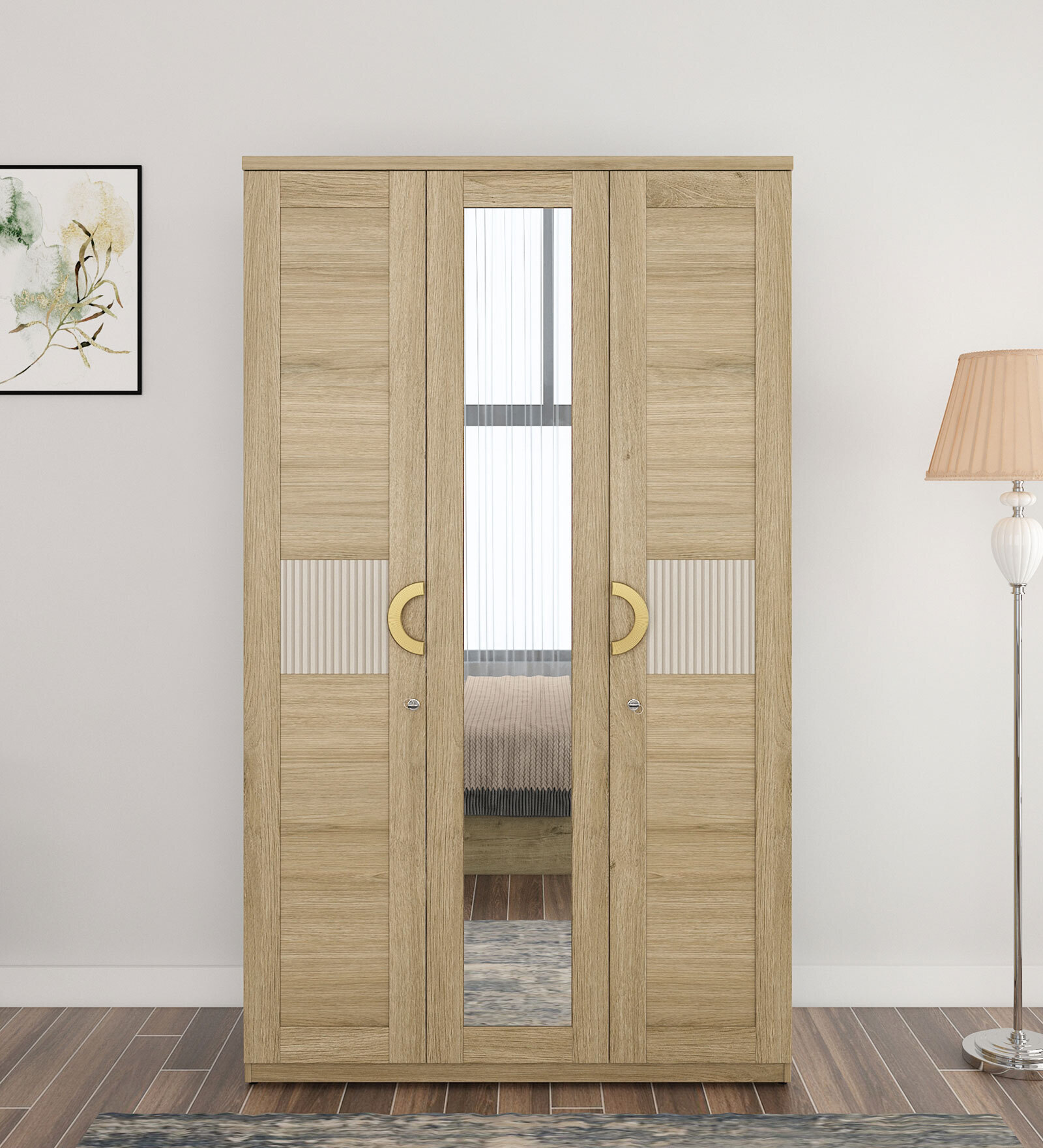 Jovana 3 Door Wardrobe In Santano Oak Colour With Drawer & Full Length Mirror