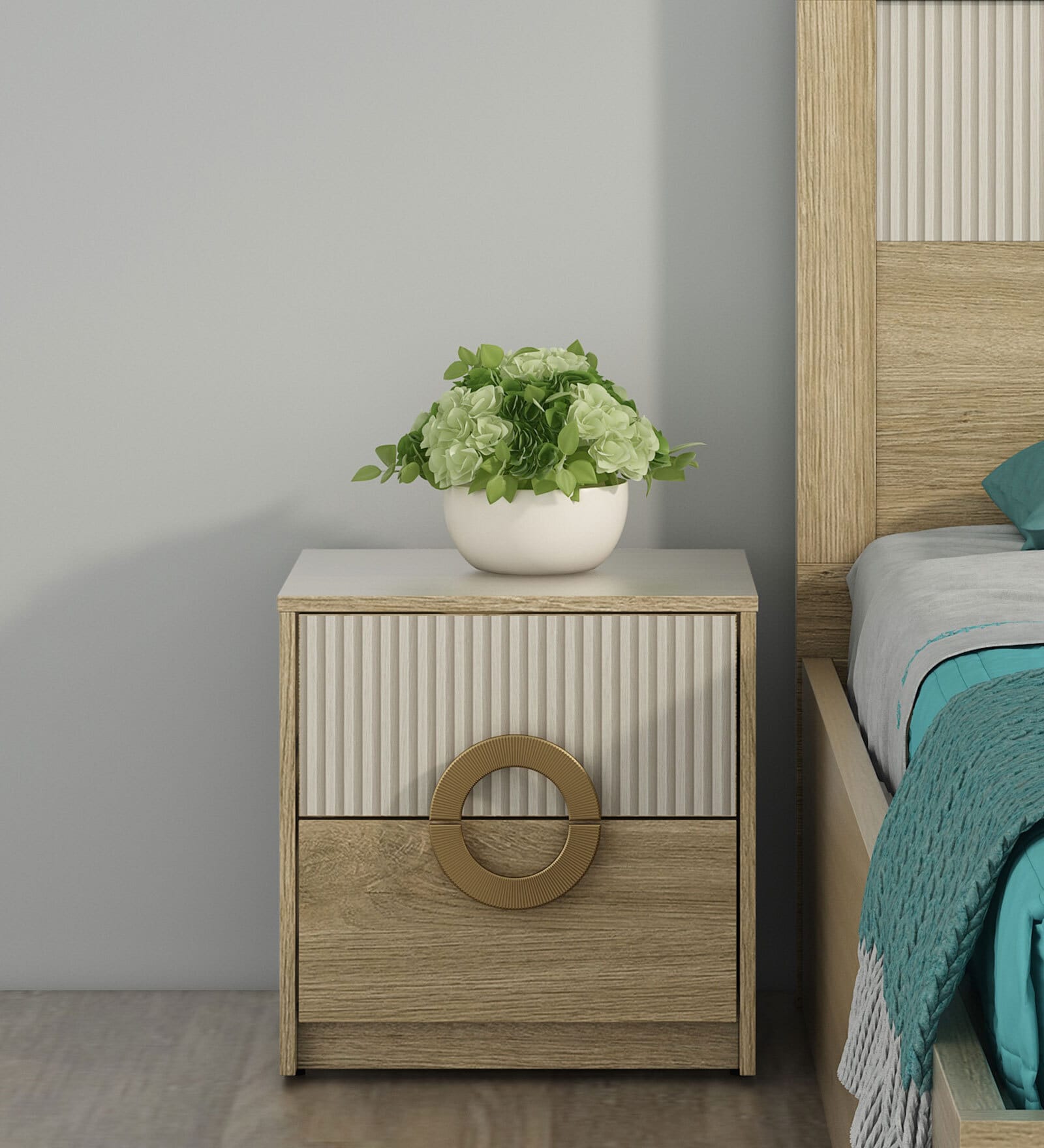 Jovana Bedside Table In Santano Oak & Bamboo Flute Colour In Melamine Finish