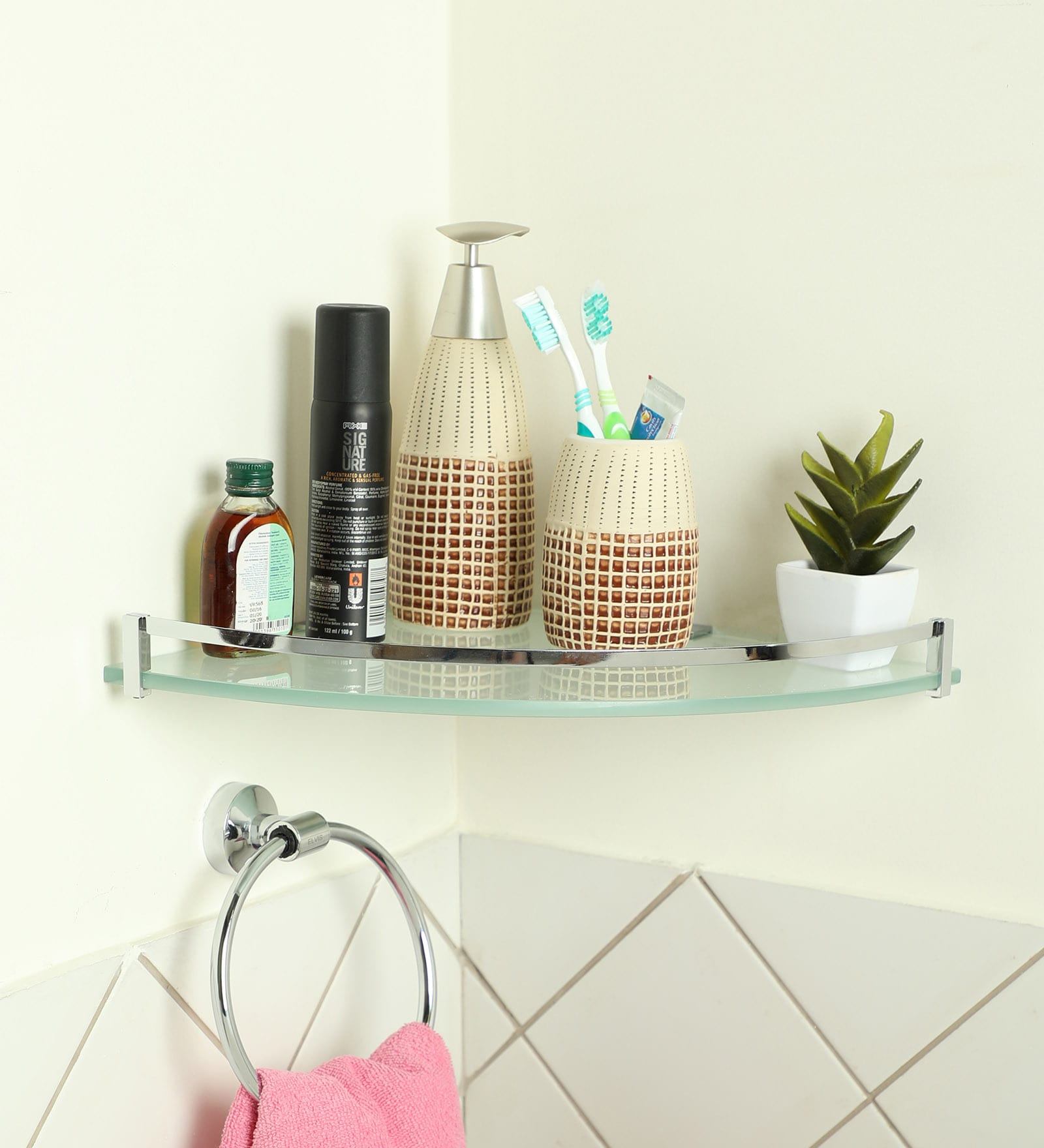 Buy Frosted Glass Corner Bathroom Shelf In Chrome (L 10, W 10, H 0.