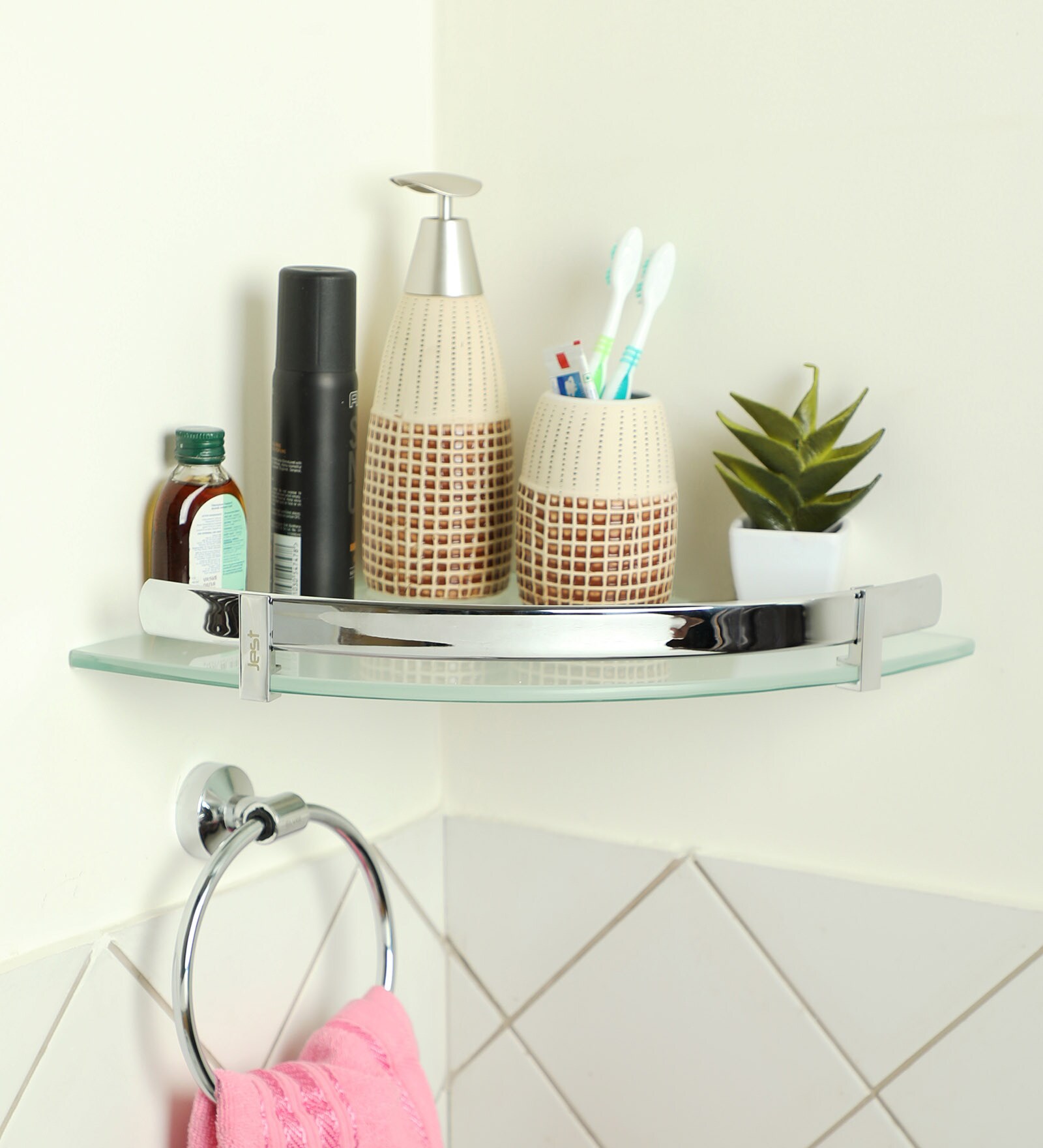 Buy Frosted Glass Corner Bathroom Shelf In Transparent (L 12, W 12, H