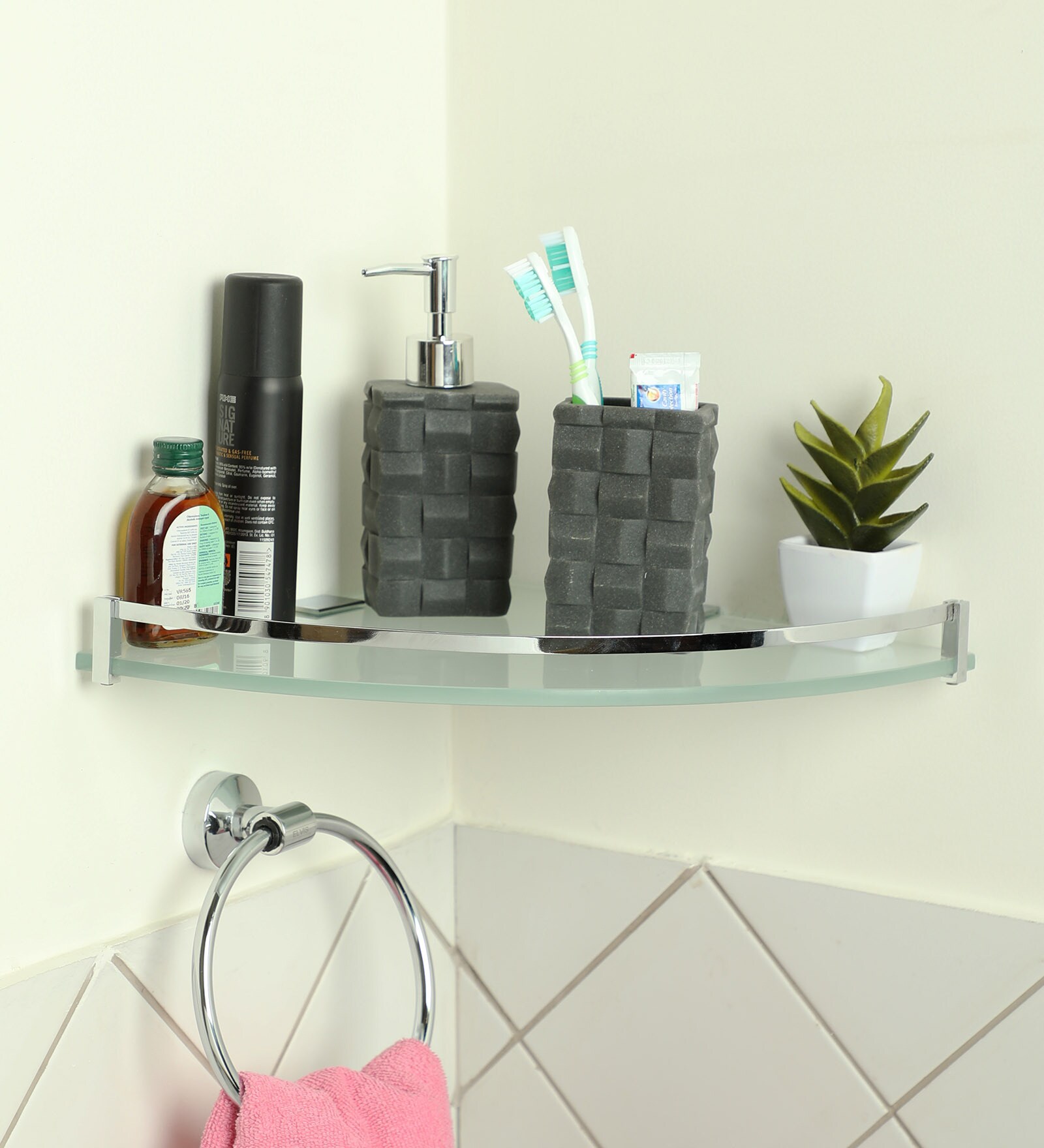 Buy Chrome Finish Frosted Glass Wall Mounted Corner Bathroom Shelf with ...
