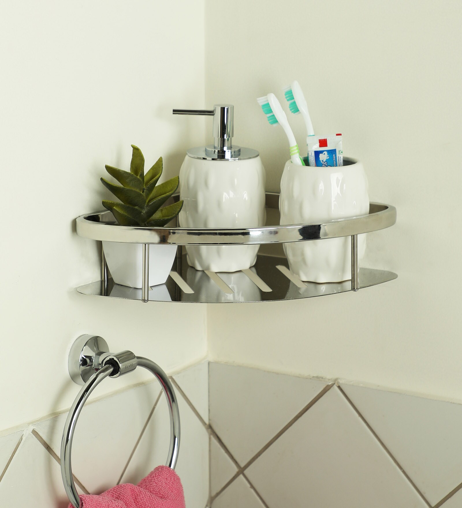 Buy Stainless Steel Corner Bathroom Shelf In Silver (L 9, W 9, H 0.8